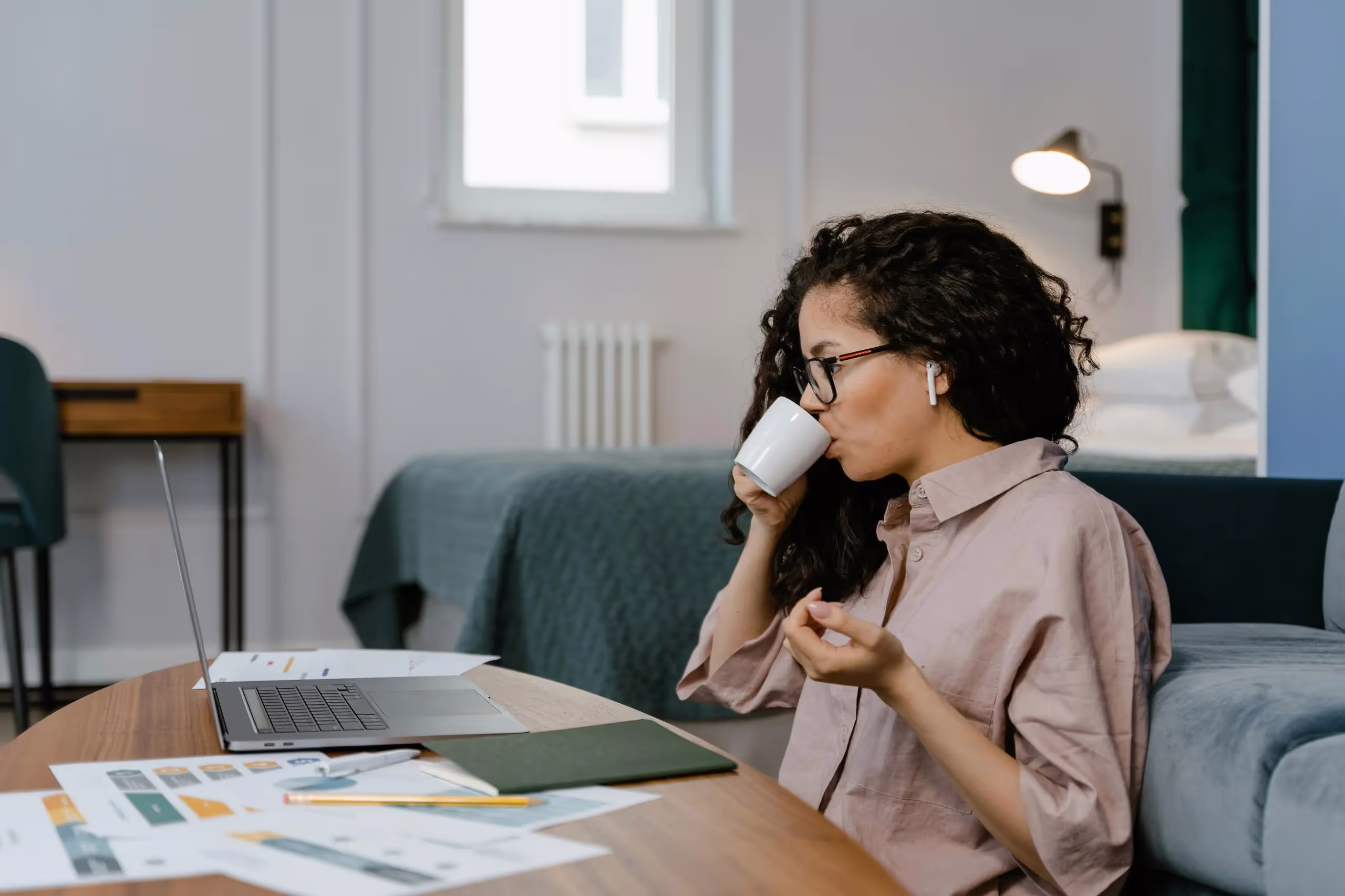 A woman relaxing drinking coffee